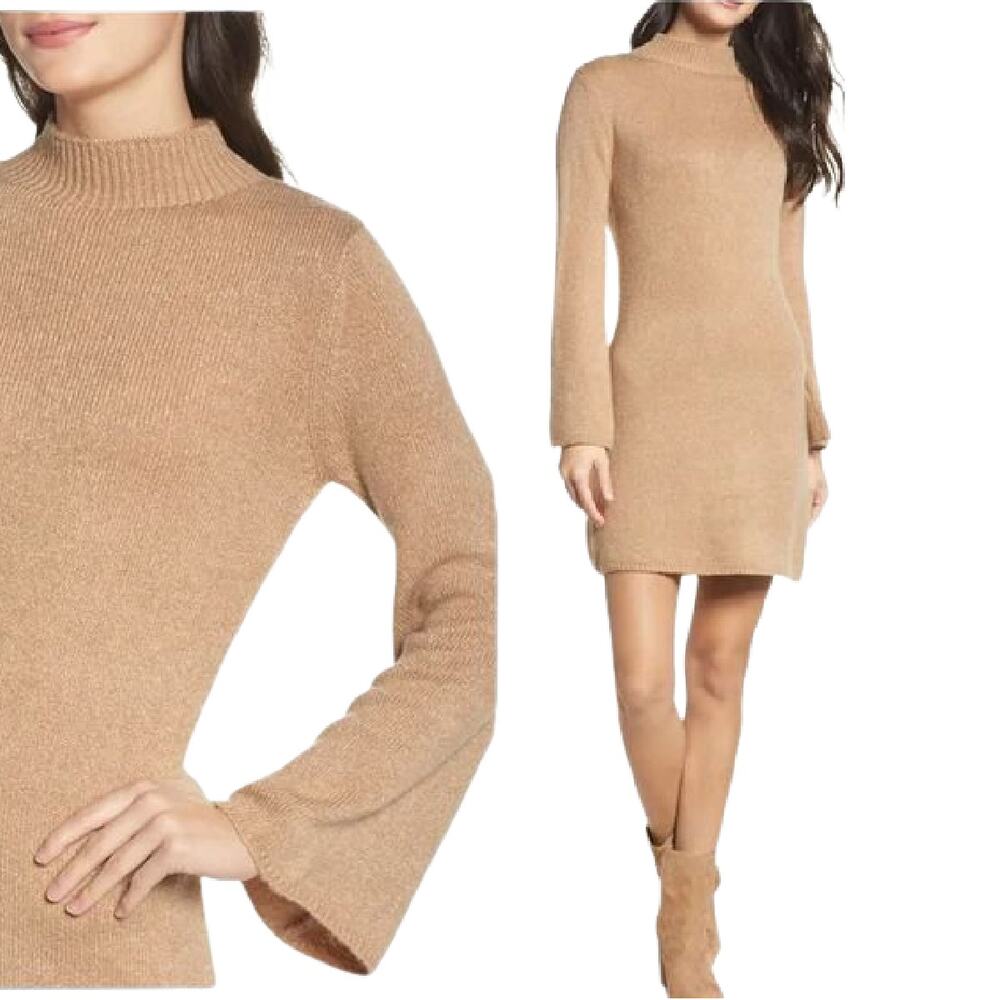 Bardot Tash Bell Sleeve Sweater Mini Dress Mock Neck in Camel Tan